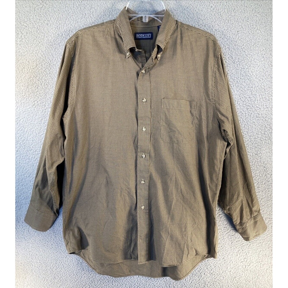 Lands End Button Down Shirt Mens 16-33 Brown Houndstooth Cotton Long Sleeve